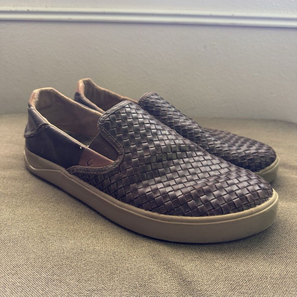 OluKai Lae‘ahi Lauhala Mens Sz 11 Slip On Woven Leather Brown Shoes